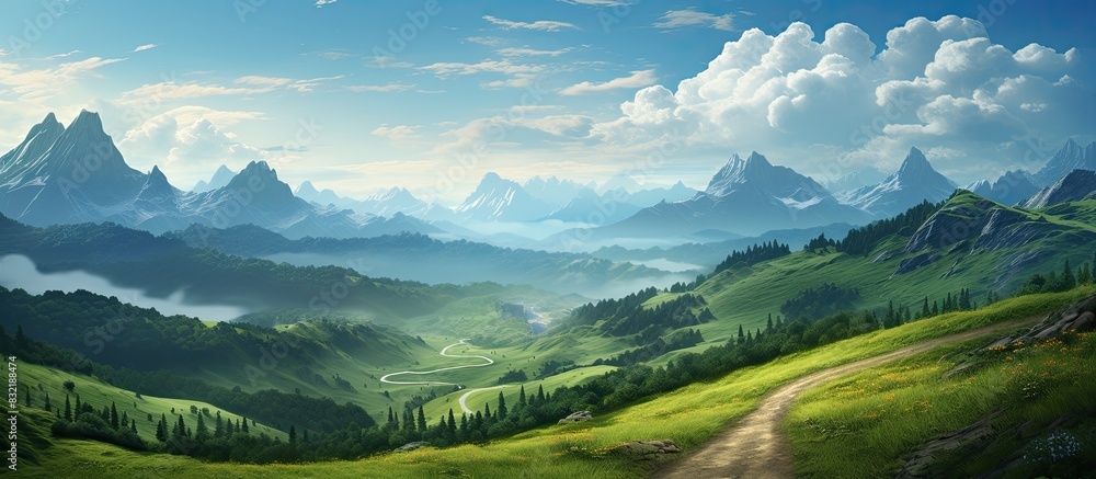 A green road and mountain ahead. Creative banner. Copyspace image A green road and mountain ahead. Creative banner. Copyspace image