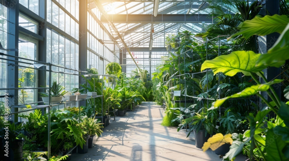 A smart greenhouse with automated climate control systems, growing a variety of exotic plants, in a clean, modern style. --ar 16:9 --style raw Job ID: acf471ed-7458-40e2-9ac3-ee48c71b501d