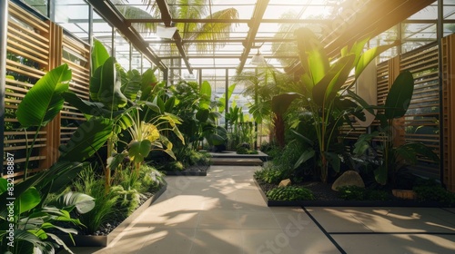 A smart greenhouse with automated climate control systems, growing a variety of exotic plants, in a clean, modern style. --ar 16:9 --style raw Job ID: acf471ed-7458-40e2-9ac3-ee48c71b501d