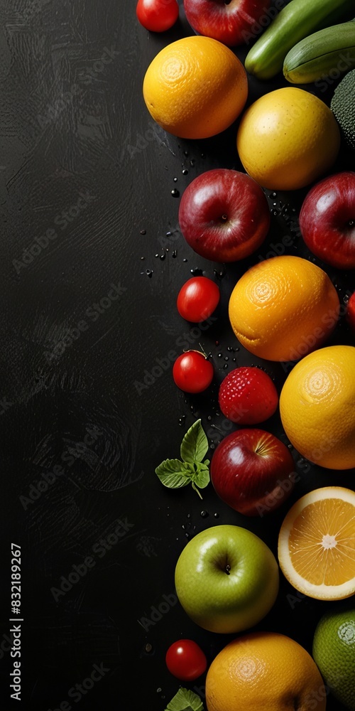 Background with fresh raw vegetables and fruits on black kitchen table, healthy vegetarian food concept. Background with fresh raw vegetables and fruits on black kitchen table, healthy vegetarian food concept.