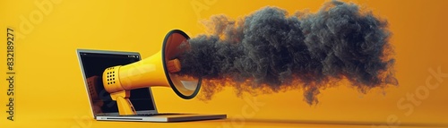 Bold and artistic rendering of a laptop with a megaphone blasting dark smoke, set against an energetic yellow canvas, symbolizing disruptive technology photo