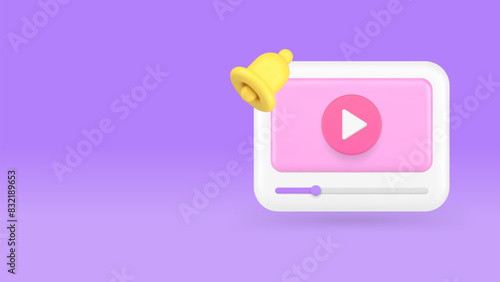 Multimedia content video player new blog vlog subscription ring bell alert 3d icon realistic vector