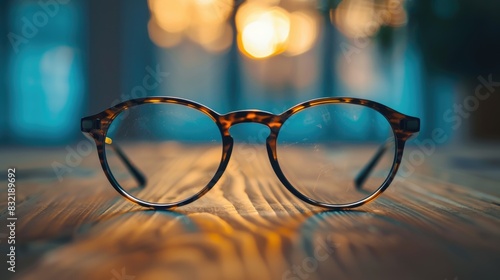 Eye glasses displayed on a wooden table as a backdrop © 2rogan
