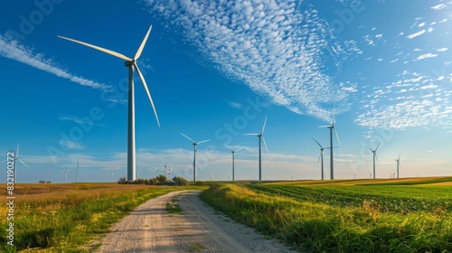 A wind farm in the American Midwest, with massive turbines under a bright blue sky, in an eco-friendly style. --ar 16:9 --style raw Job ID: 30ea5b5c-7b67-4d0e-bf23-31d687a02309 photo