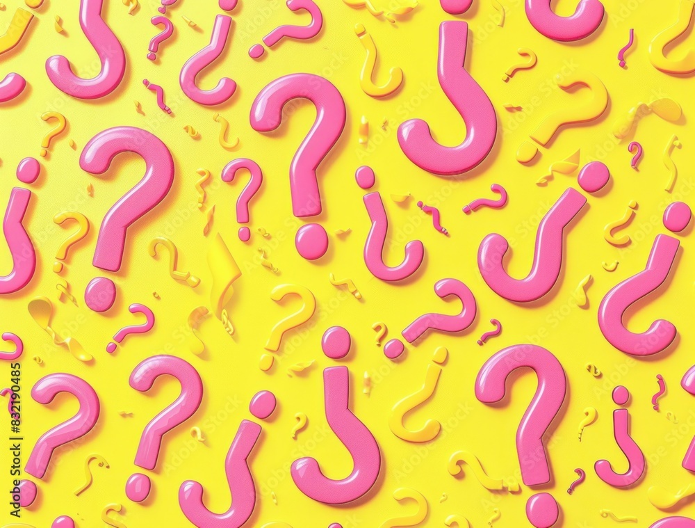 Abstract exploration of curiosity and uncertainty through pink question marks on yellow background Abstract exploration of curiosity and uncertainty through pink question marks on yellow background