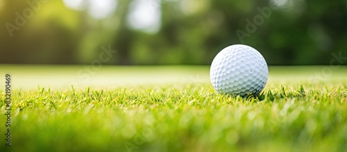 Golf ball lying on the grass. Creative banner. Copyspace image