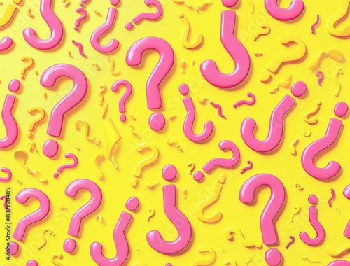 Abstract exploration of curiosity and uncertainty through pink question marks on yellow background
