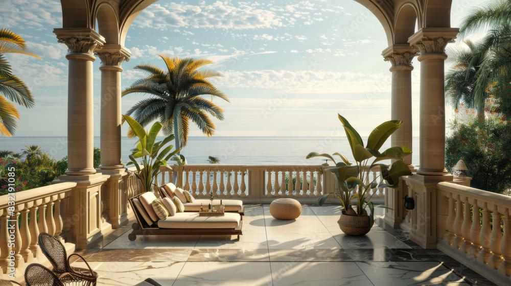 Fototapeta premium Luxurious balcony with ocean view and tropical plants