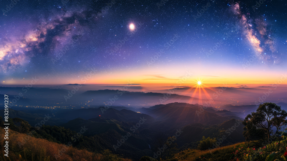 Stunning night sky with milky way and sunrise over mountains