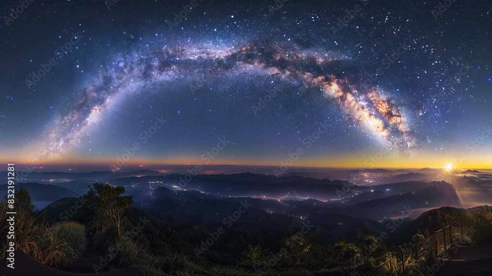 Milky Way arching over mountains with rising sun and glowing moon