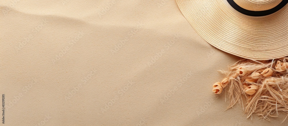 Sandal straw hat and sunglasses on a sandy background top view. Creative banner. Copyspace image Sandal straw hat and sunglasses on a sandy background top view. Creative banner. Copyspace image
