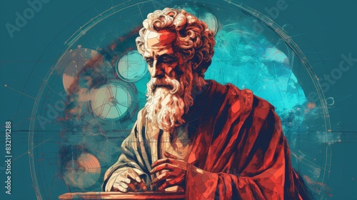 Digital illustration of an ancient philosopher with a focused expression, highlighting wisdom and contemplation on a teal background.