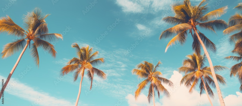 A line of palm trees standing tall along the golden beach. Creative banner. Copyspace image