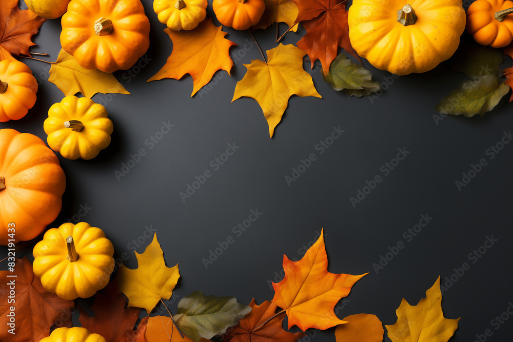 A flat lay of vibrant autumn leaves and pumpkins on an empty black background, creating a festive and colorful fall-themed design with copy space for text or graphics. A flat lay of vibrant autumn leaves and pumpkins on an empty black background, creating a festive and colorful fall-themed design with copy space for text or graphics.