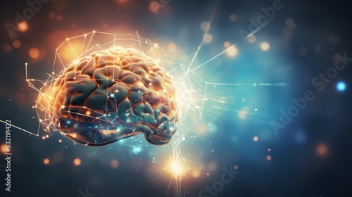 Futuristic depiction of a human brain with glowing neural connections, representing technology, AI, and neuroscience advancements. photo