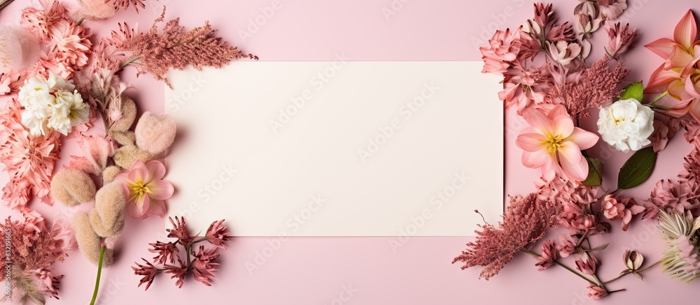 Creative layout made of flowers and leaves with paper card note Flat lay Nature concept. Creative banner. Copyspace image Creative layout made of flowers and leaves with paper card note Flat lay Nature concept. Creative banner. Copyspace image