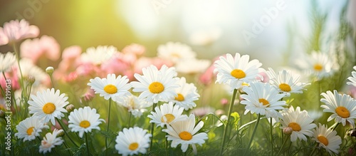 Daisies bellis in the spring garden. Creative banner. Copyspace image photo