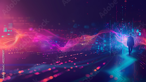 an abstract concept of very clear and simple LinkedIn banner with tech vibes LinkedIn banner with tech and HR elements  turquoise and purple colors