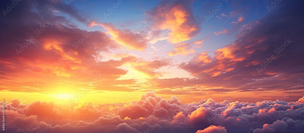 Fototapeta premium Blue cloudy sky background at sunset. Creative banner. Copyspace image