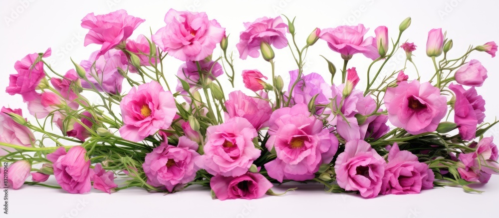 Beautiful eustoma lisianthus flowers in full bloom with green leaves Bouquet of flowers on a white background. Creative banner. Copyspace image