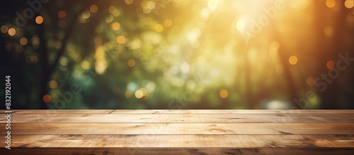 Empty top of wooden table with Abstract of bokeh and natural light of the summer season Vintage Style For product display and advertising and promotional purposes. Creative banner. Copyspace image