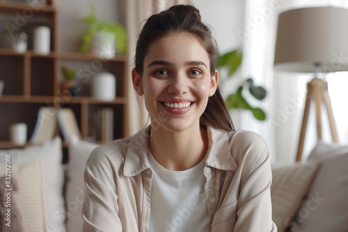 Free Download Happy young woman smiling in cozy living room - GFXLoad