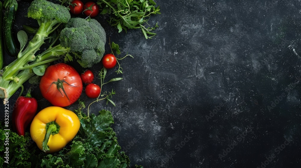 Fresh vegetables seen from above against a dark backdrop Fresh vegetables seen from above against a dark backdrop