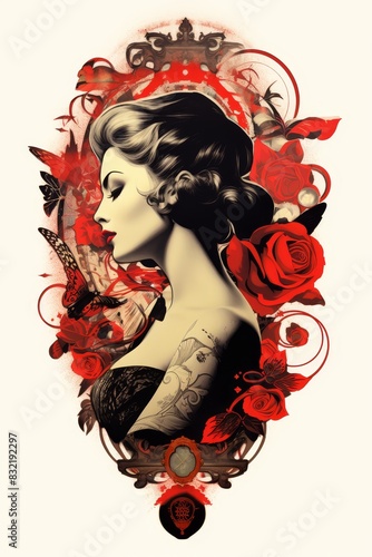 Vintage-style portrait of a tattooed woman surrounded by red roses and intricate designs, blending classic beauty with modern edge.