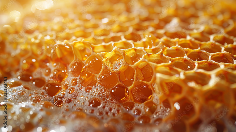 Close-up of a beeswax honeycomb with juicy honey flowing through it. Close-up of a beeswax honeycomb with juicy honey flowing through it.