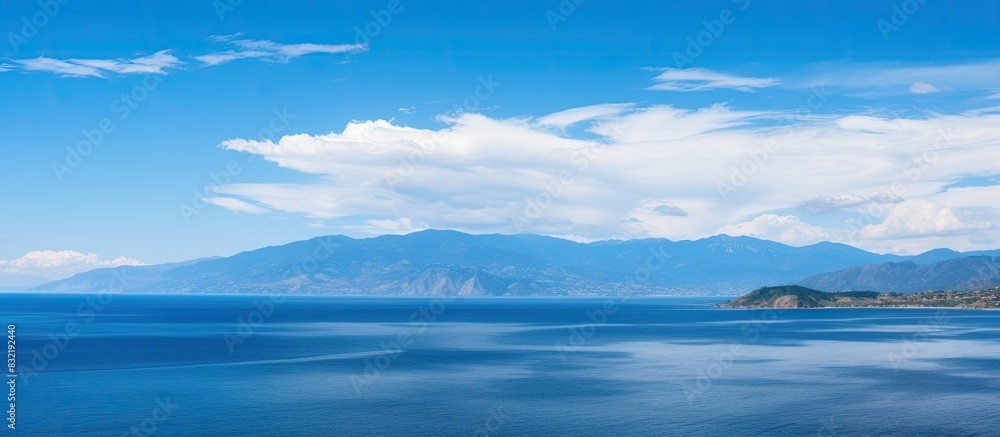 Panoramic views of the blue sky and mountains above the ocean. Creative banner. Copyspace image