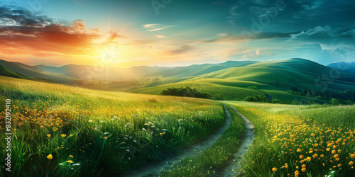 Scenic path winding through lush green hills at sunset with vibrant sky and glowing sunlight 