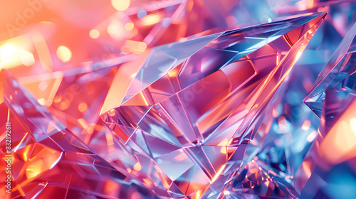 The background is a geometric crystal with iridescent texture and liquid. The render is made in 3D