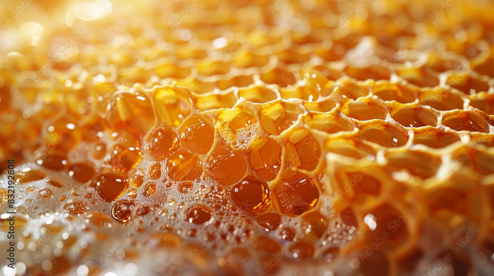 Close-up of a beeswax honeycomb with juicy honey flowing through it. Close-up of a beeswax honeycomb with juicy honey flowing through it.