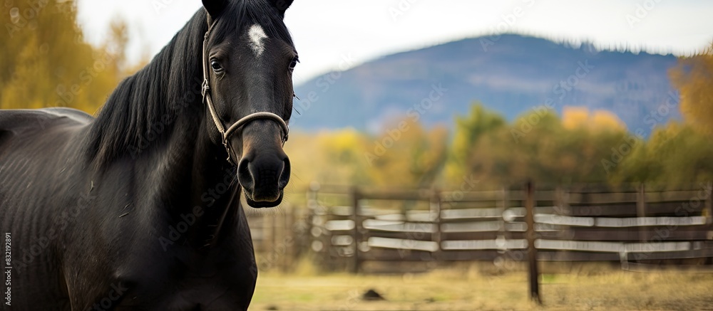 Obraz premium Profile of black horse on the farm. Creative banner. Copyspace image