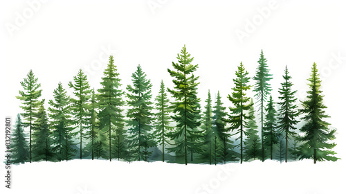 Watercolor illustration of high pines in a fir tree forest