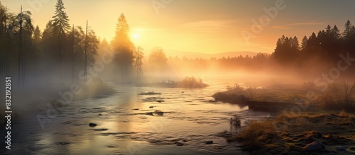 sunrise over a foggy river. Creative banner. Copyspace image