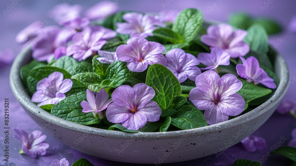 Leafy greens and edible flowers in concrete bowl on purple background with lettuce and arugula Leafy greens and edible flowers in concrete bowl on purple background with lettuce and arugula