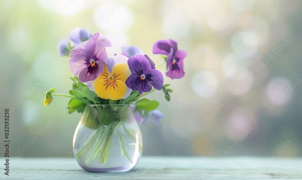 Vibrant Pansy Flowers in Glass Vase with Soft Bokeh Background - Perfect for Spring and Home decor Photography. Copy space Vibrant Pansy Flowers in Glass Vase with Soft Bokeh Background - Perfect for Spring and Home decor Photography. Copy space