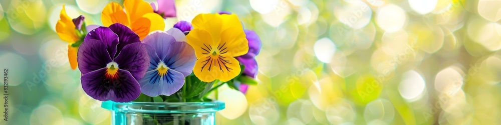 Vibrant Pansies in Glass Vase - Bright Spring Flowers with Bokeh Background. Copy space Vibrant Pansies in Glass Vase - Bright Spring Flowers with Bokeh Background. Copy space