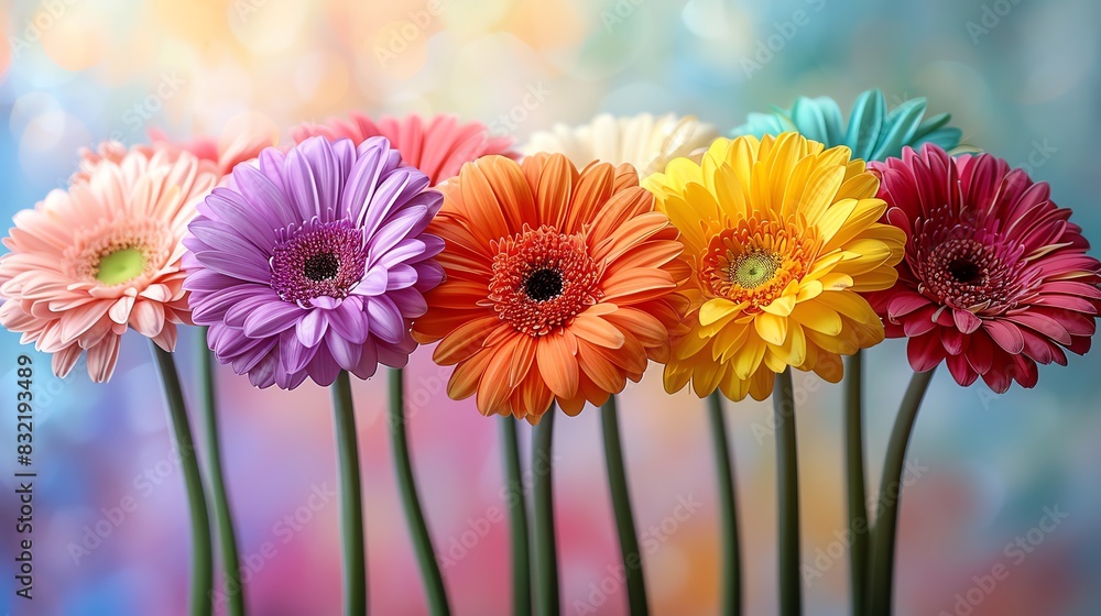 Vibrant colorful gerbera daisies in a row, perfect for spring and summer. Vibrant colorful gerbera daisies in a row, perfect for spring and summer.