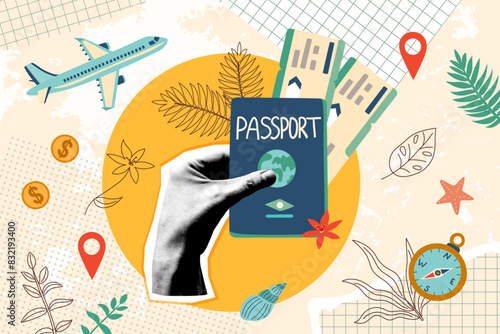 Summer vacation plane tickets. Banner in vintage new nostalgia collage style. Travel concept. Paper halftone hand holding passport and tickets. 