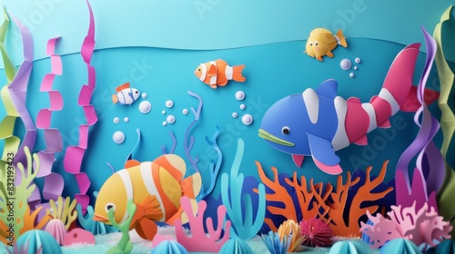 fish in water as paper cut childlike graphic representation of underwater scene 
