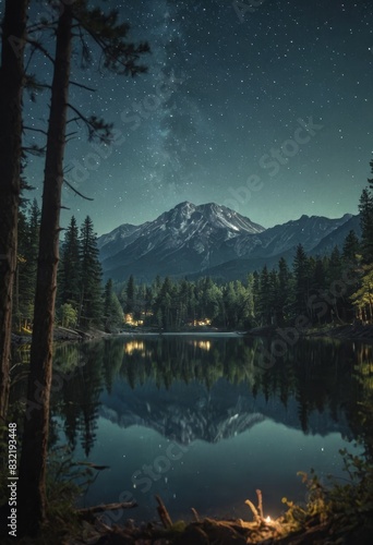 Night sky over a lake in the mountains
