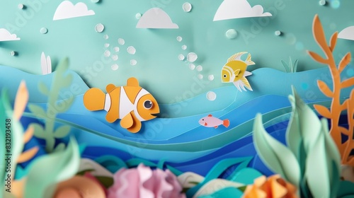 fish in water as paper cut childlike graphic representation of underwater scene 