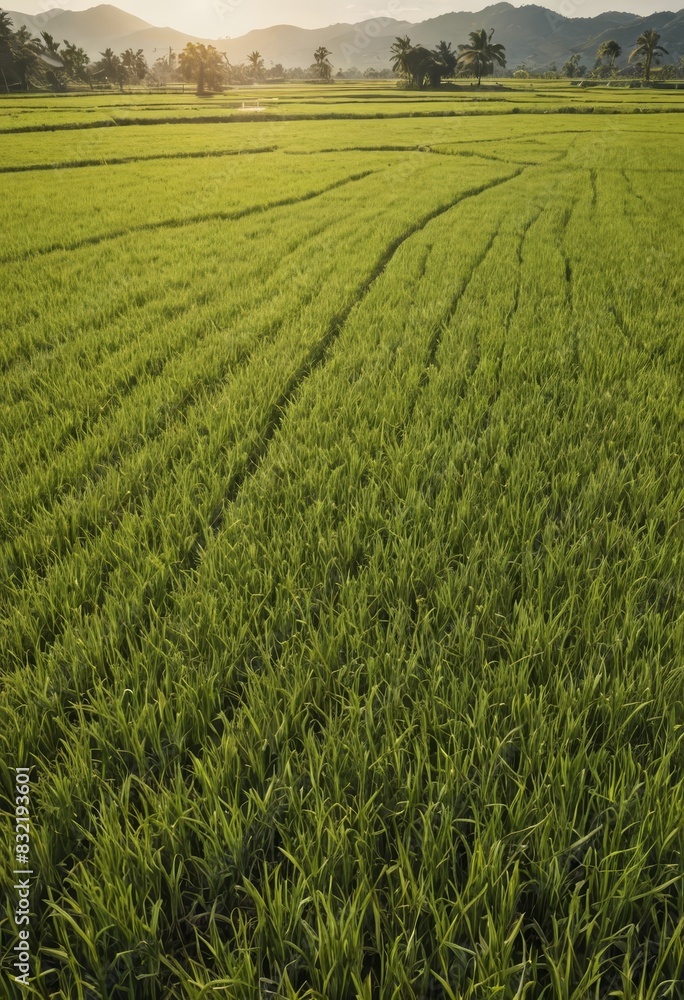Green Rice Paddy Field with Palm Trees and Mountains Green Rice Paddy Field with Palm Trees and Mountains