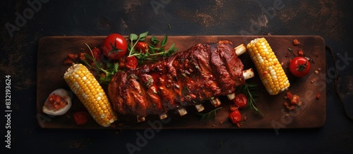 Barbecued pork ribs with corn elotes flat lay. Creative banner. Copyspace image photo