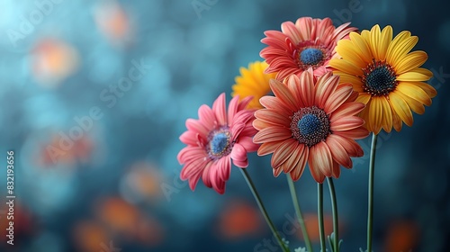 Close-up of vibrant pink and yellow daisies with a blurred blue background. photo