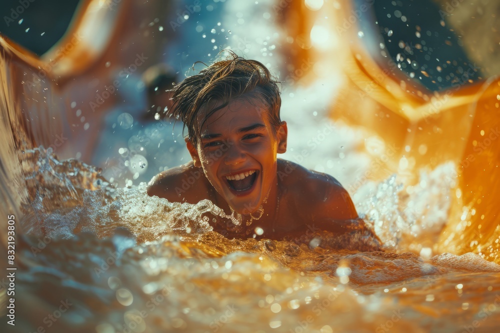 Joyful Teenager Sliding Down a Water Slide with Splashing Water