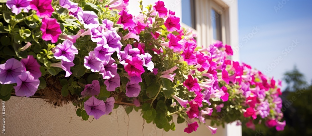 Beautiful blooming petunia flowers in window boxes on a nice summer day. Creative banner. Copyspace image Beautiful blooming petunia flowers in window boxes on a nice summer day. Creative banner. Copyspace image