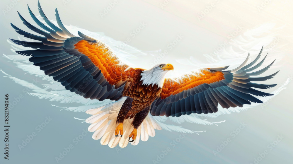 Illustrated bald eagle with outstretched wings, showcasing majestic and powerful flight against a light sky background. Illustrated bald eagle with outstretched wings, showcasing majestic and powerful flight against a light sky background.